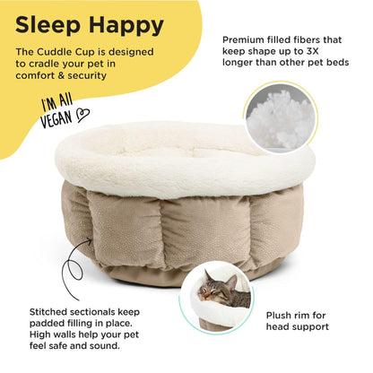 Best Friends by Sheri Cuddle Cup Ilan dog and cat bed in Wheat, highlighting its plush faux fur rim, high cushioned walls, stitched padding and soft fibre filling for cosy resting comfort.