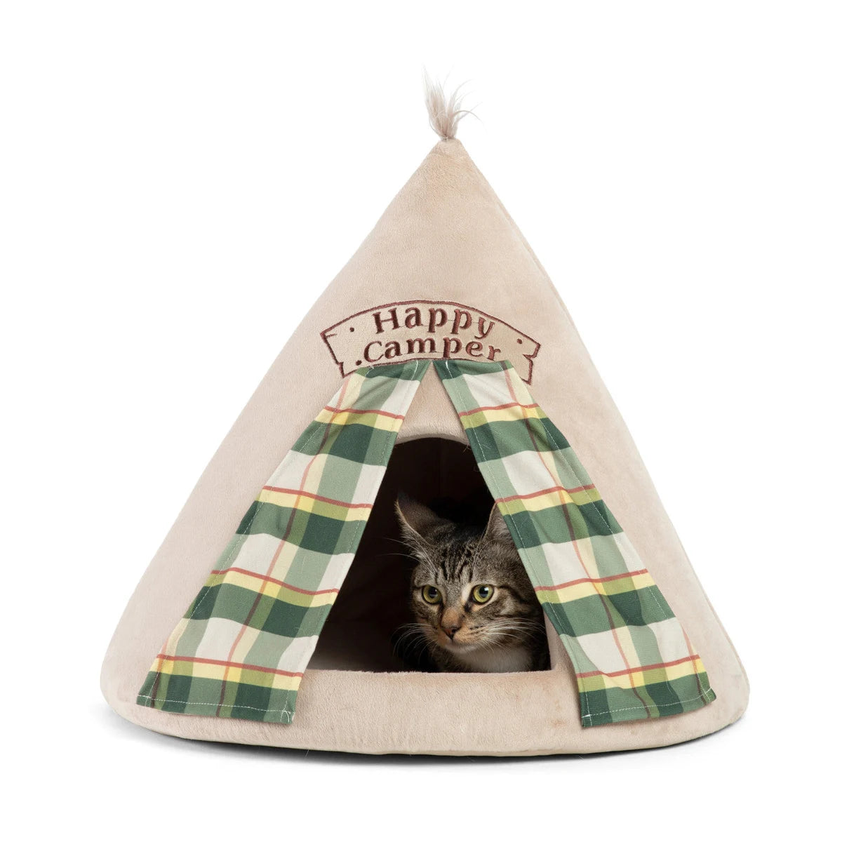 Tabby cat resting inside the Best Friends by Sheri Meow Hut Happy Camper cat bed in Wheat, showing the cosy enclosed interior and open green plaid curtains.