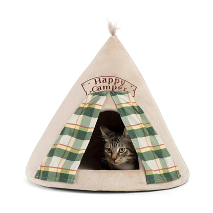 Tabby cat resting inside the Best Friends by Sheri Meow Hut Happy Camper cat bed in Wheat, showing the cosy enclosed interior and open green plaid curtains.