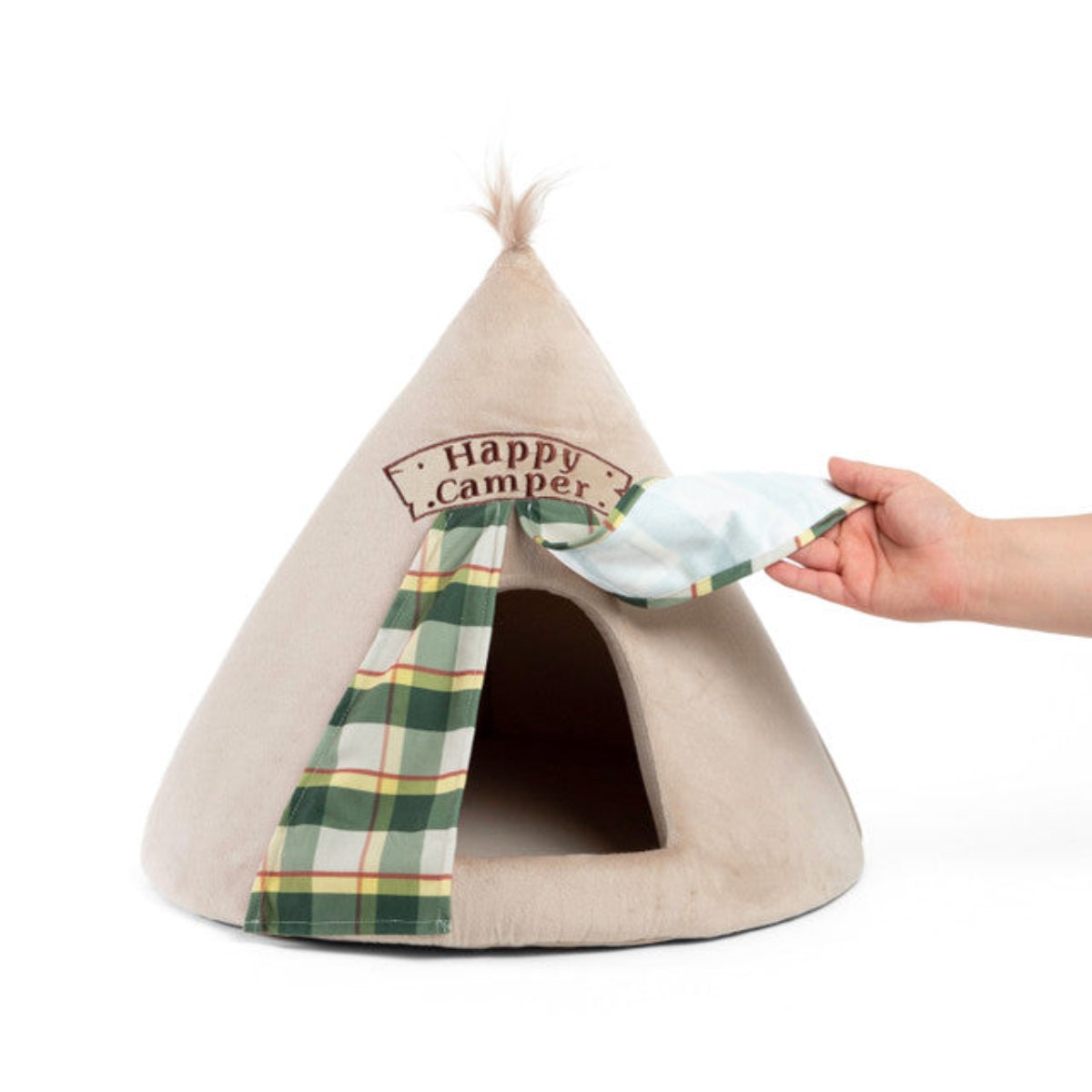 Best Friends by Sheri Happy Camper Wheat cat bed with one green plaid entrance curtain lifted to reveal the enclosed sleeping space inside the teepee.