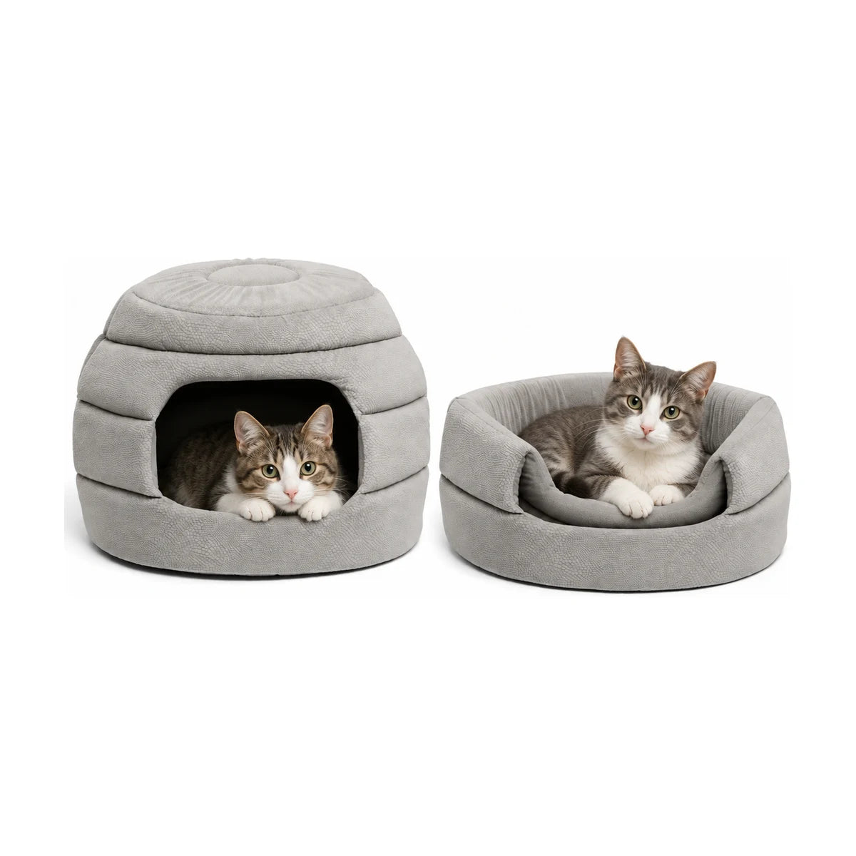 Best Friends by Sheri 2-in-1 Honeycomb Ilan Hut Cuddler in Grey, showing a tabby cat resting inside the enclosed pet hut and another cat relaxing in the open cuddler bed, highlighting the two configurations for cats and small dogs.