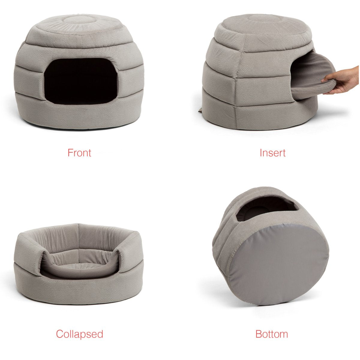 Four product views of the Best Friends by Sheri Honeycomb Ilan Grey pet bed showing the enclosed front, removable insert, open cuddler and underside.