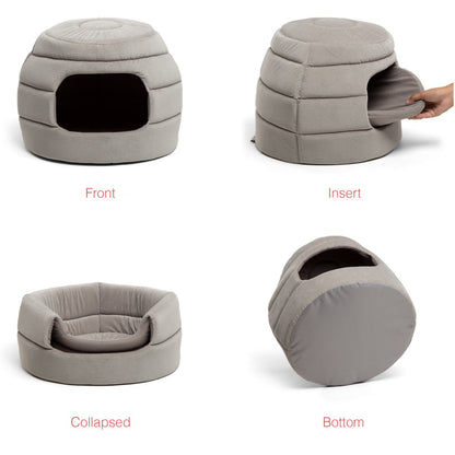 Four product views of the Best Friends by Sheri Honeycomb Ilan Grey pet bed showing the enclosed front, removable insert, open cuddler and underside.