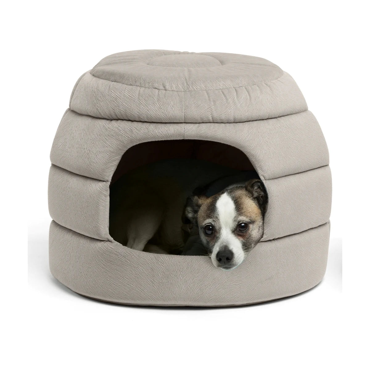 Best Friends by Sheri 2-in-1 Honeycomb Ilan Hut Cuddler in Grey, featuring a small dog resting inside the enclosed, cushioned pet hut designed for cats and dogs.
