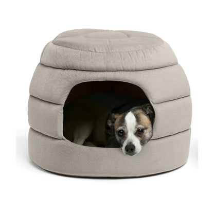 Best Friends by Sheri 2-in-1 Honeycomb Ilan Hut Cuddler in Grey, featuring a small dog resting inside the enclosed, cushioned pet hut designed for cats and dogs.