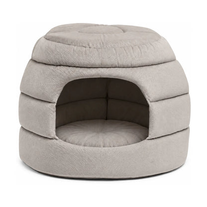 Best Friends by Sheri 2-in-1 Honeycomb Ilan Hut Cuddler in Grey shown as an enclosed pet bed with a soft plush interior and rounded entrance for cats and small dogs.