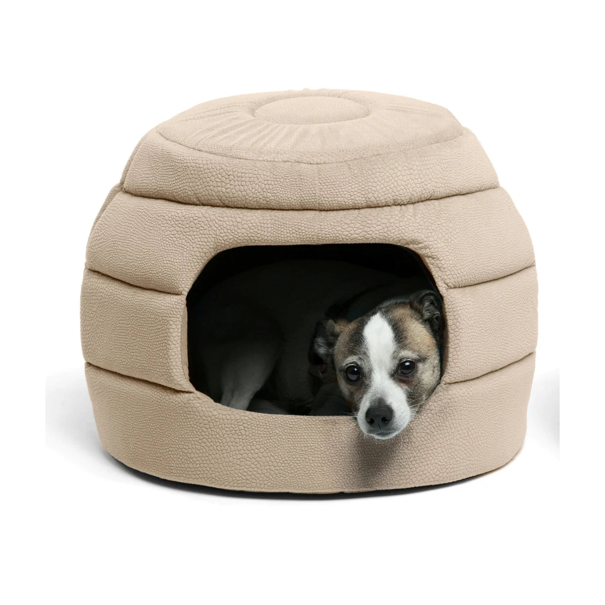 Best Friends by Sheri 2-in-1 Honeycomb Ilan Hut Cuddler in Wheat, showing a small dog nestled inside the soft, enclosed pet bed with a rounded entrance for cats and dogs.