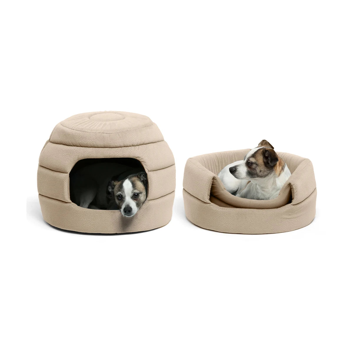 Best Friends by Sheri 2-in-1 Honeycomb Ilan Hut Cuddler in Wheat, showing a small dog resting inside the cosy enclosed pet bed.