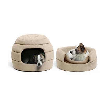 Best Friends by Sheri 2-in-1 Honeycomb Ilan Hut Cuddler in Wheat, showing a small dog resting inside the cosy enclosed pet bed.