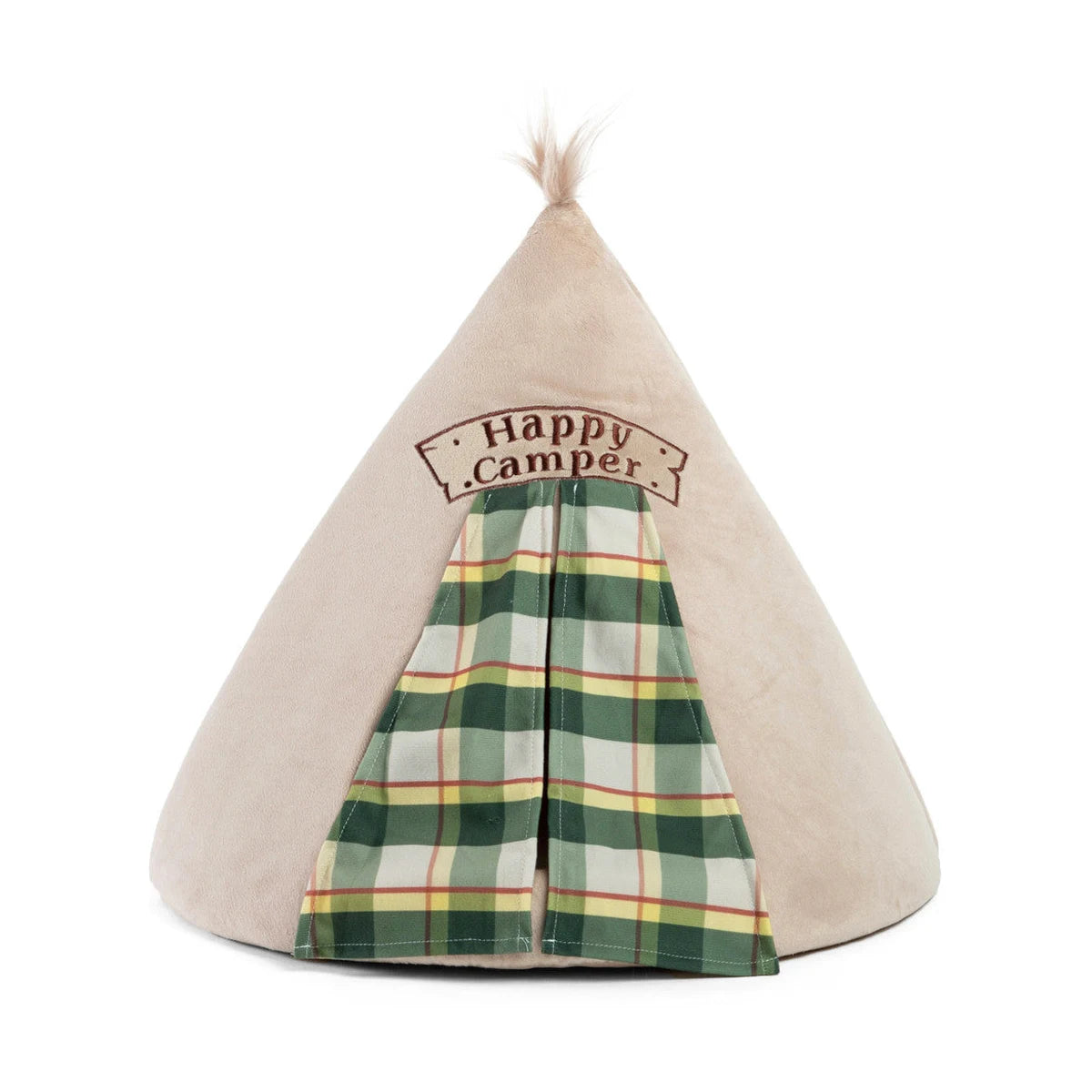 Best Friends by Sheri Meow Hut Happy Camper cat bed in Wheat, beige teepee-style cat hideaway with green plaid entrance curtains on a white background.