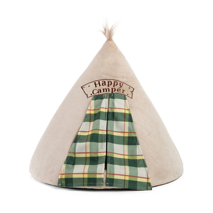 Best Friends by Sheri Meow Hut Happy Camper cat bed in Wheat, beige teepee-style cat hideaway with green plaid entrance curtains on a white background.