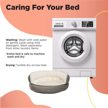 Washing and care guide for the Best Friends by Sheri Throne Ilan Jumbo dog and cat bed, explaining gentle cold-water machine washing and tumble drying on low heat.
