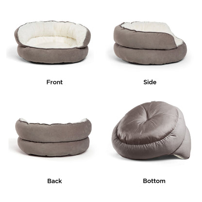 Front, side, back and bottom views of the Best Friends by Sheri Throne Ilan Jumbo Grey dog and cat bed, showing its high-sided design, soft interior and cushioned base.