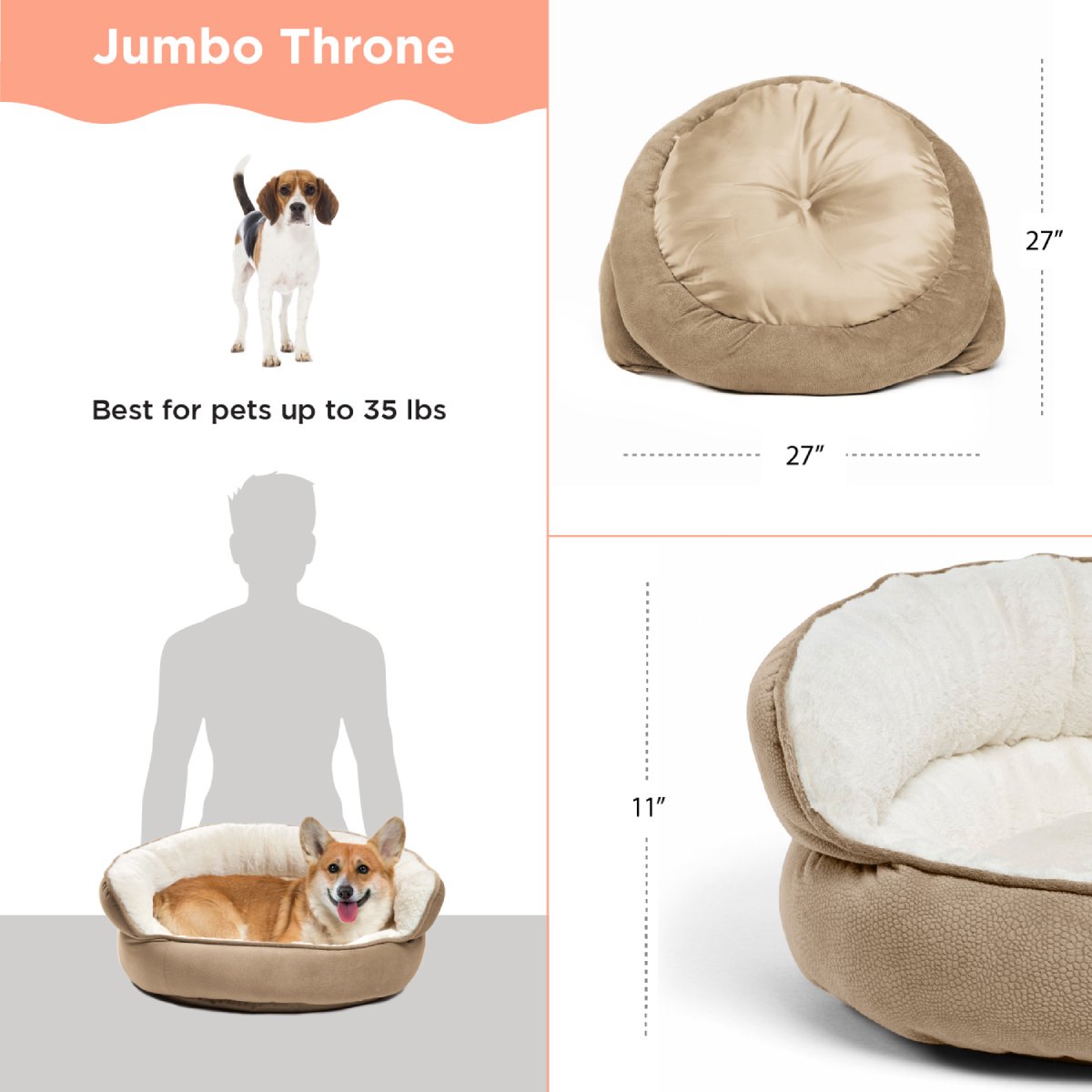 Best Friends by Sheri Throne Ilan Jumbo Grey dog and cat bed size chart displaying 68.6 × 68.6 × 27.9 cm dimensions and suitability for pets up to approximately 15.9 kg.