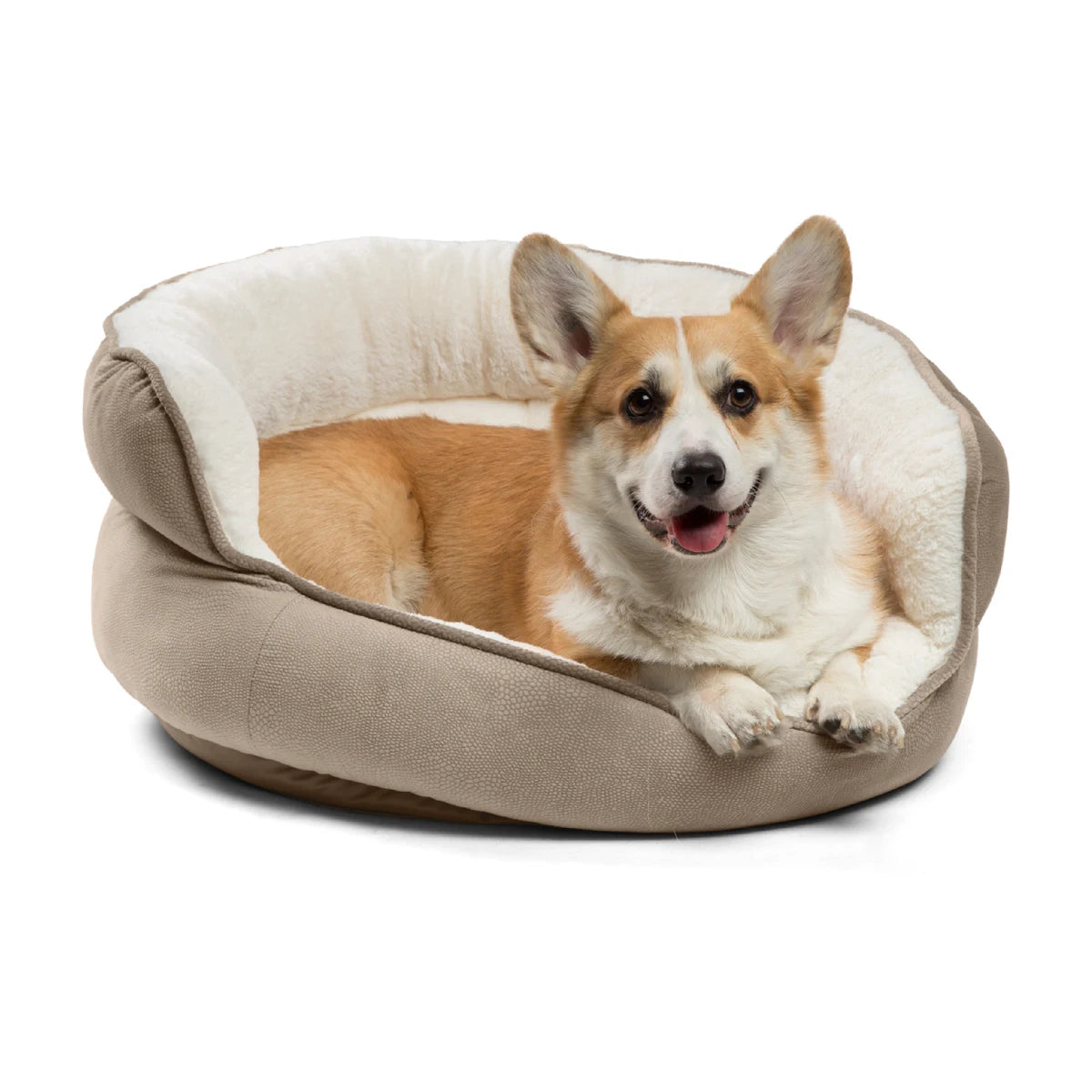 Corgi relaxing in the Best Friends by Sheri Throne Ilan Jumbo dog bed in Wheat, showing its plush faux fur interior and supportive high cushioned sides.