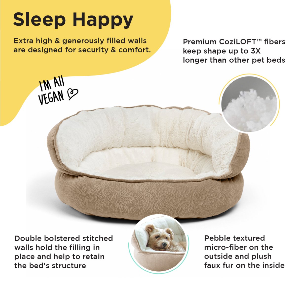Best Friends by Sheri Throne Ilan Jumbo Wheat dog and cat bed feature guide highlighting premium CoziLOFT filling, double-bolstered cushioned walls and plush faux fur interior.