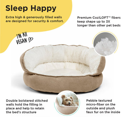 Best Friends by Sheri Throne Ilan Jumbo Wheat dog and cat bed feature guide highlighting premium CoziLOFT filling, double-bolstered cushioned walls and plush faux fur interior.