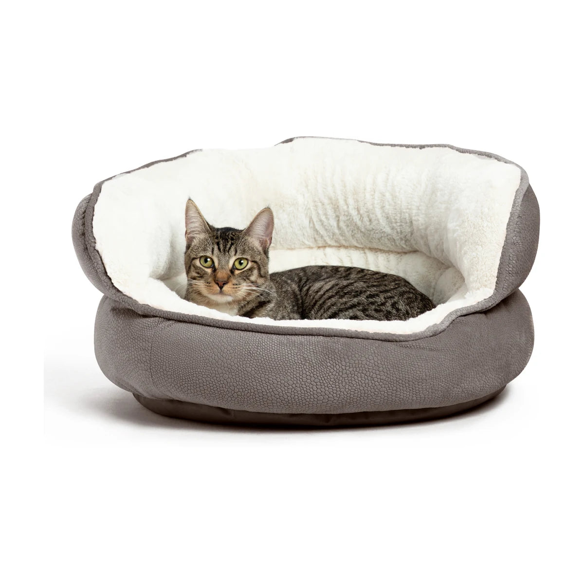 Tabby cat relaxing in the Best Friends by Sheri Throne Ilan Mini dog and cat bed in Grey, surrounded by a soft cream interior and raised cushioned backrest.