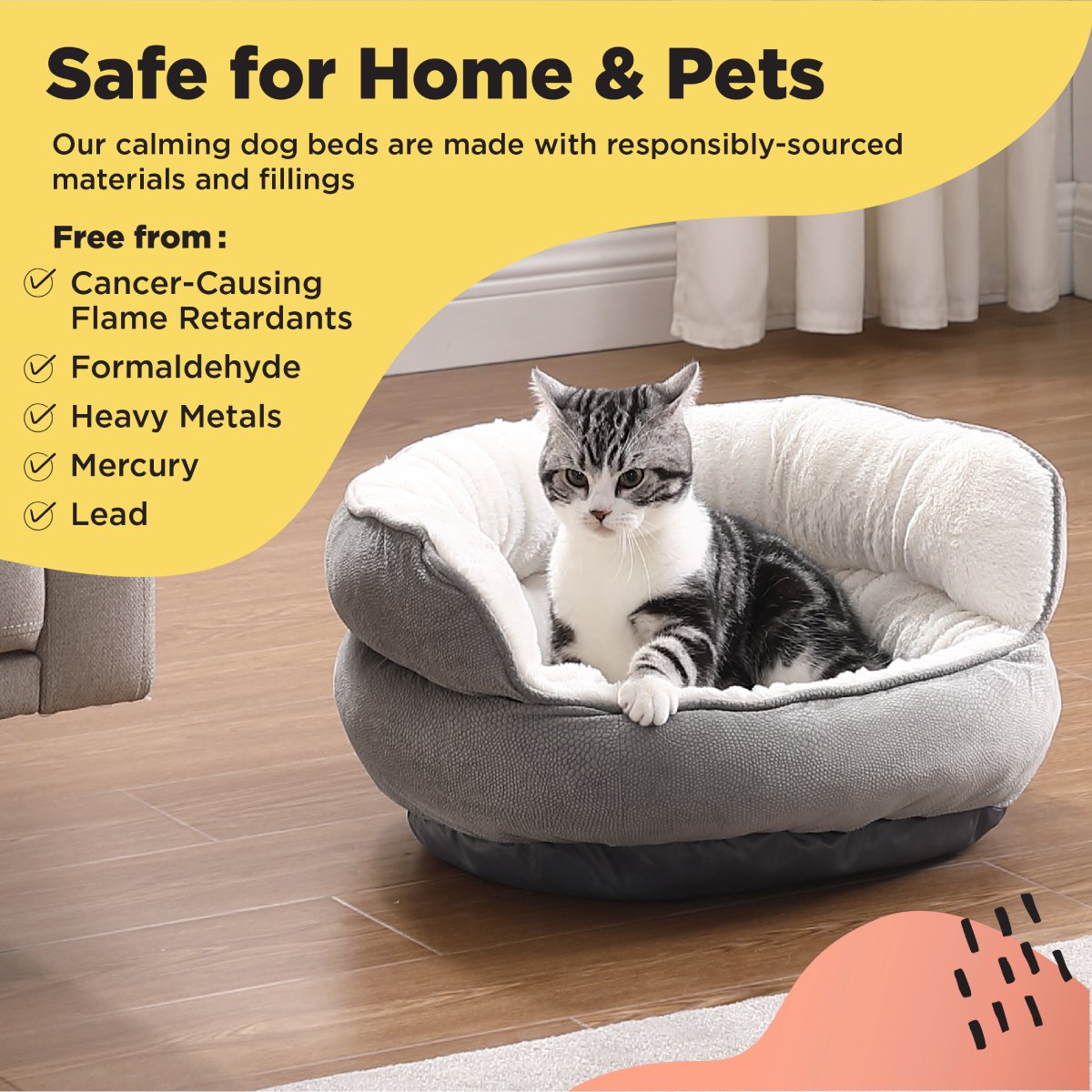 Tabby cat sitting in a grey Best Friends by Sheri Throne Ilan Mini bed with plush cream interior, alongside manufacturer information about responsibly sourced materials and excluded substances.