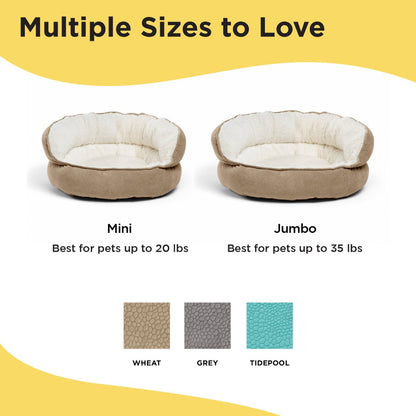 Best Friends by Sheri Throne Ilan dog and cat beds displayed in Mini and Jumbo sizes with recommended pet weight limits and Wheat, Grey and Tidepool colour swatches.