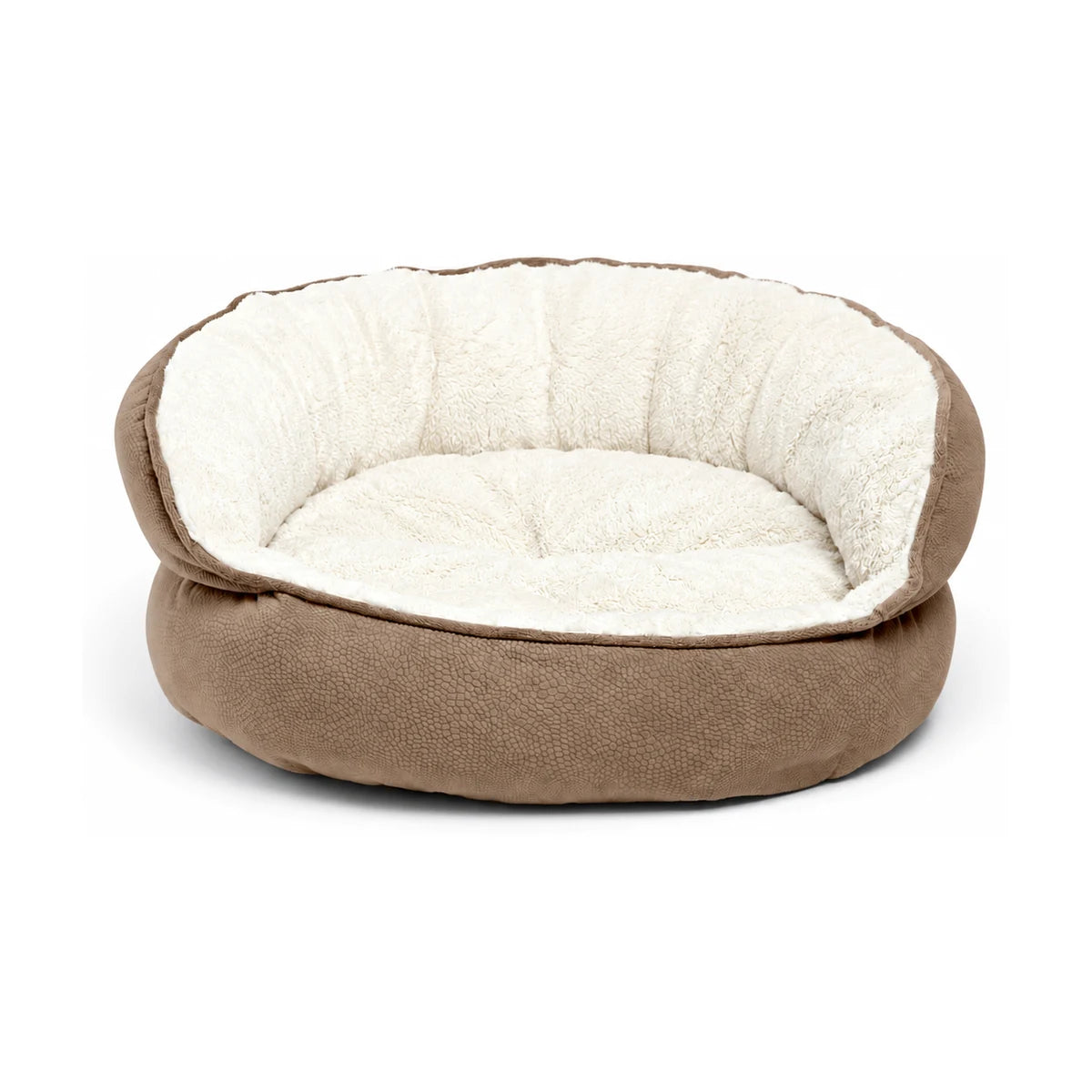 Best Friends by Sheri Throne Ilan Mini dog and cat bed in Wheat, showing its soft cream plush interior, supportive high backrest and textured cushioned exterior.