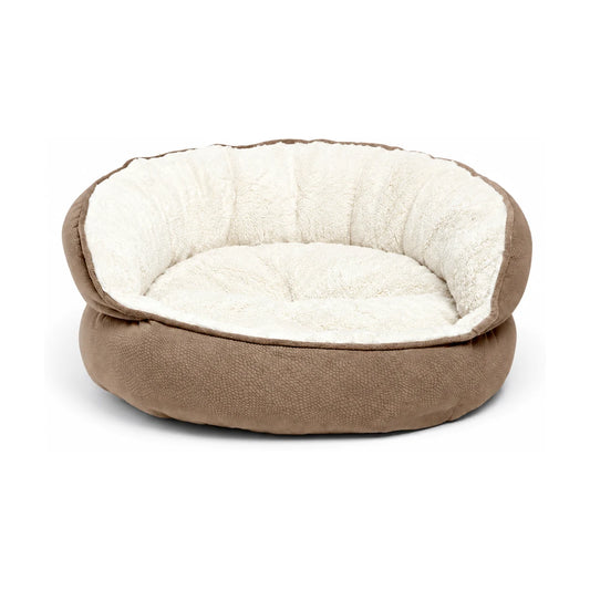 Best Friends by Sheri Throne Ilan Mini dog and cat bed in Wheat, showing its soft cream plush interior, supportive high backrest and textured cushioned exterior.