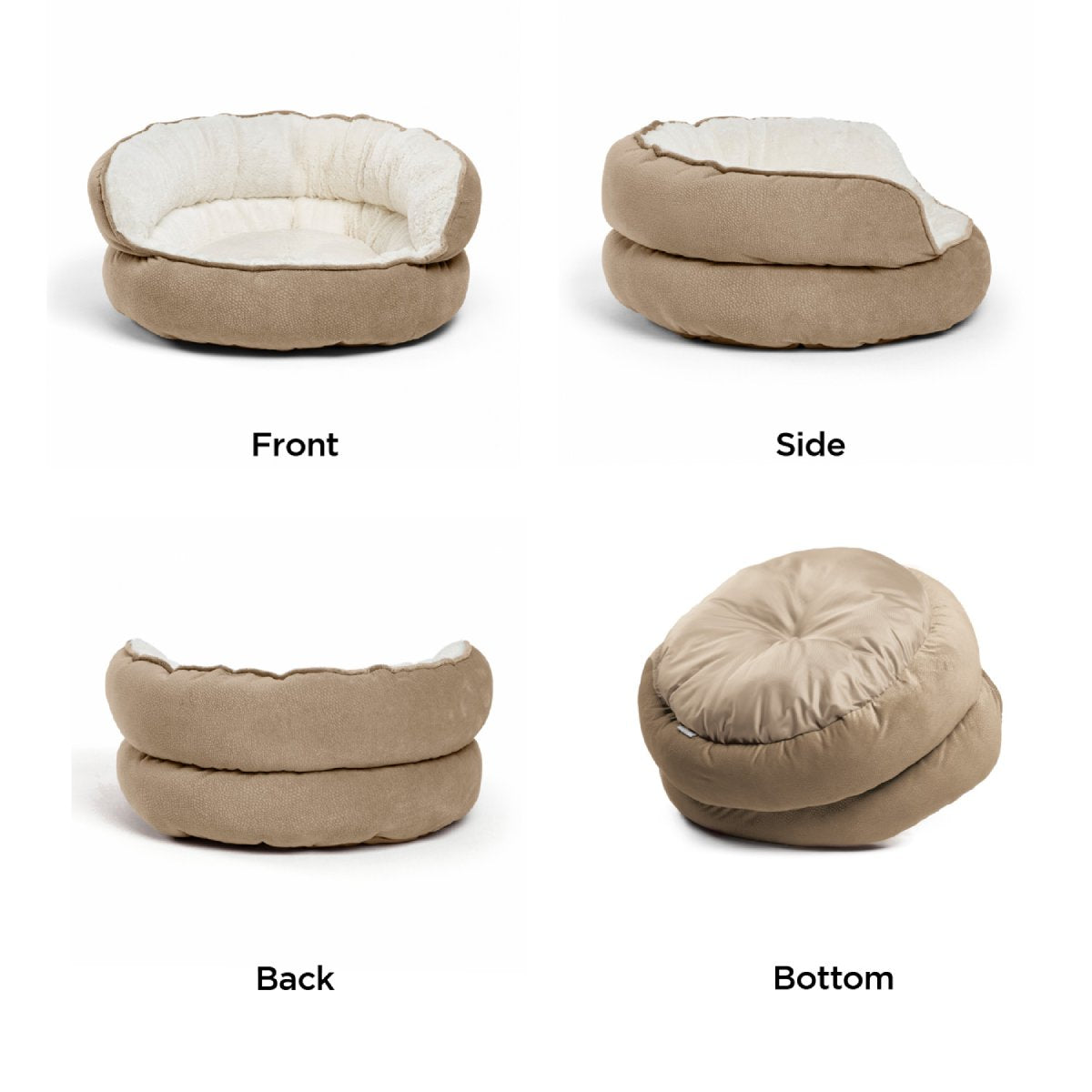 Four product views of the Best Friends by Sheri Throne Ilan Mini dog and cat bed in Wheat, showing the plush interior, high cushioned backrest, side profile and underside.