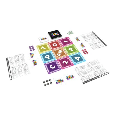 Better Letters word game components with rule grid score sheets and player pieces