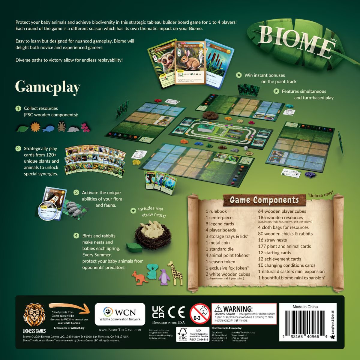 Biome Deluxe Edition back of box showing gameplay boards wooden resources straw nests cards and mini expansion components