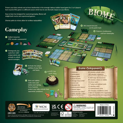 Biome Deluxe Edition back of box showing gameplay boards wooden resources straw nests cards and mini expansion components