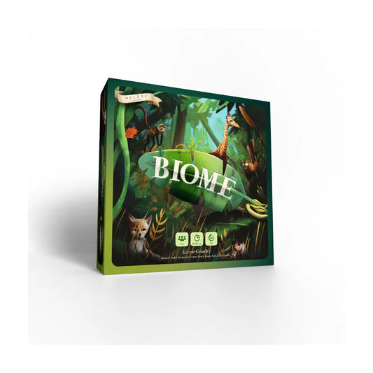 Biome Deluxe Edition box showing jungle wildlife artwork for a 1 to 4 player nature strategy board game