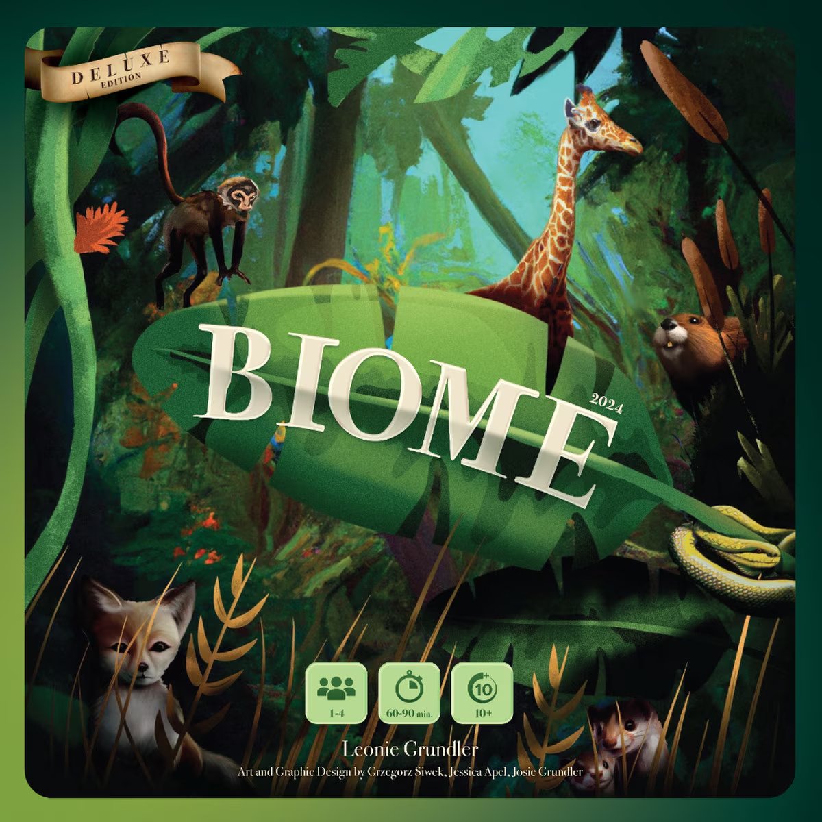 Biome Deluxe Edition front cover with giraffe monkey fox and rainforest artwork for a biodiversity strategy board game