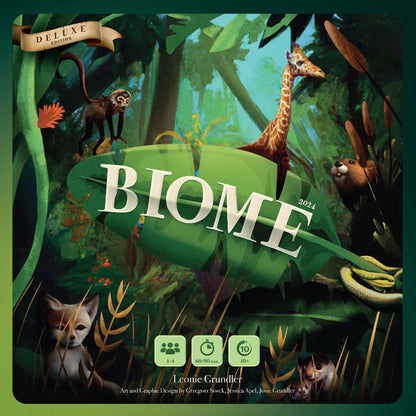 Biome Deluxe Edition front cover with giraffe monkey fox and rainforest artwork for a biodiversity strategy board game