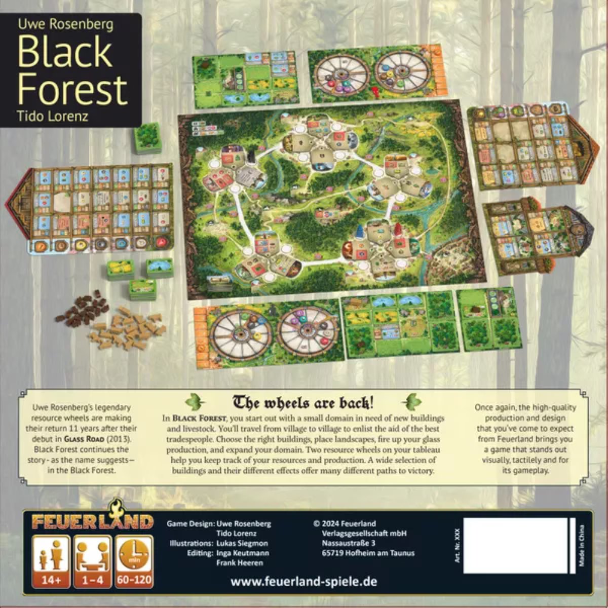 Black Forest board game component overview showing resource wheels estate boards buildings livestock and forest strategy gameplay