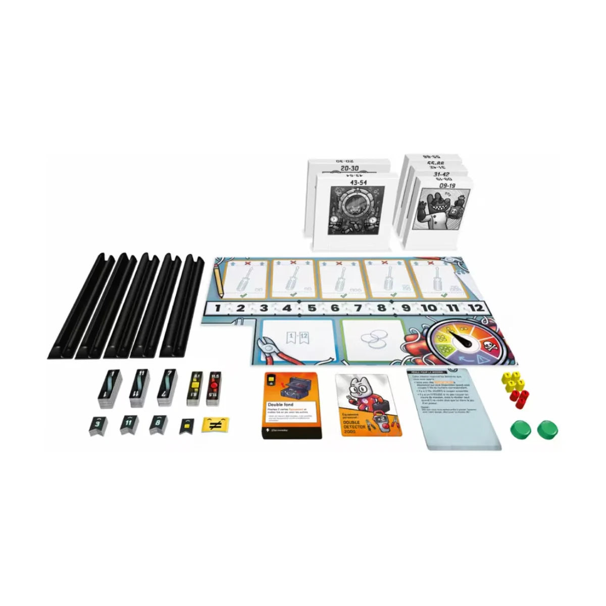 Bomb Busters board game components with wire stands cards tokens and detonator board