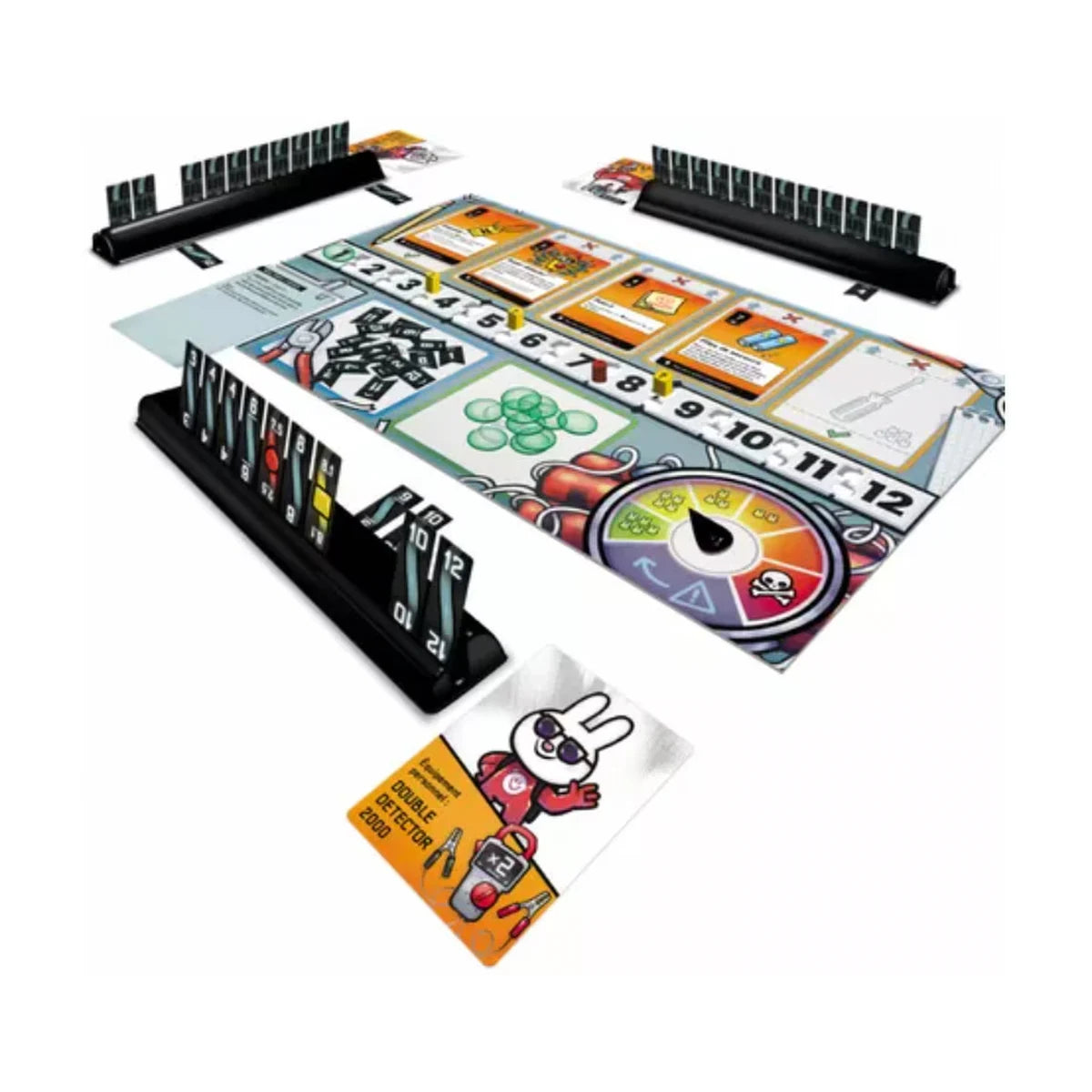 Bomb Busters cooperative deduction game set up with wire stands and mission board
