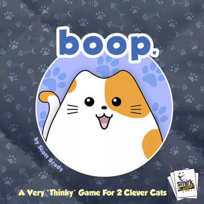 boop board game front cover featuring an illustrated orange and white cat and Smirk & Dagger Games logo