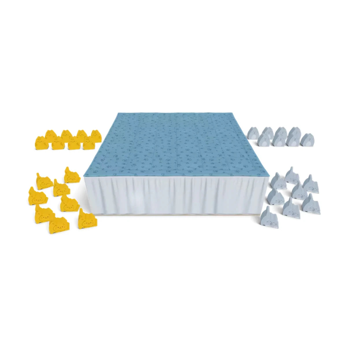 boop board game quilted bed playing surface with yellow and grey wooden kitten and cat pieces