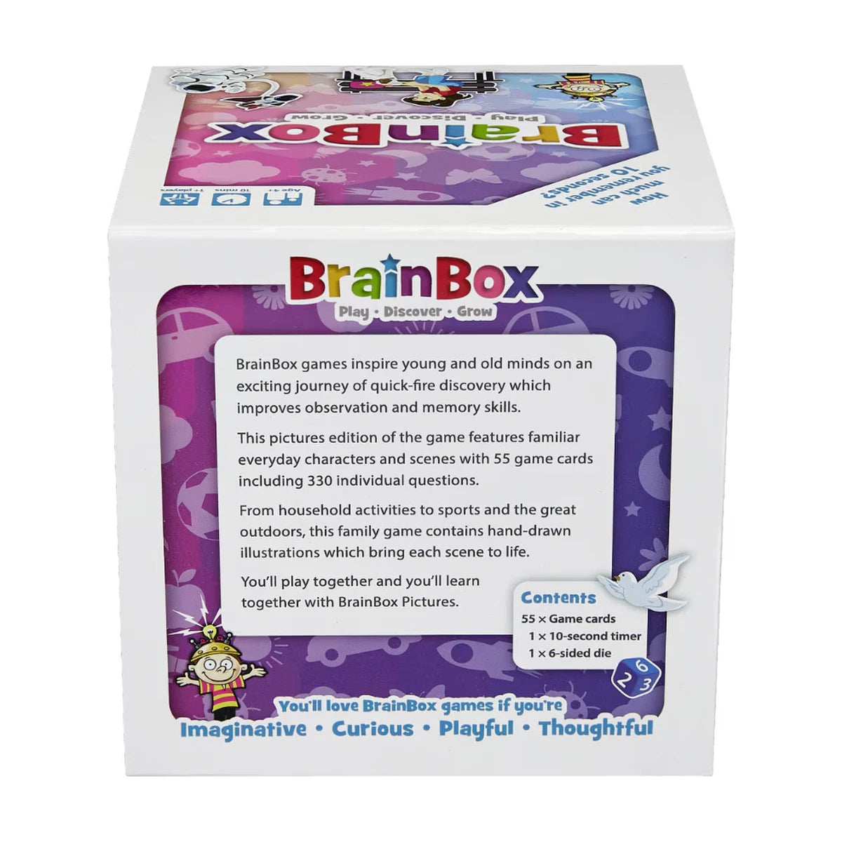BrainBox Pictures back of box showing 55 game cards, 330 questions, timer and die contents.