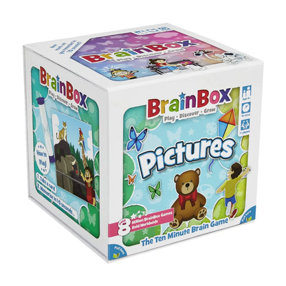 BrainBox Pictures angled box showing the educational memory and observation card game for children