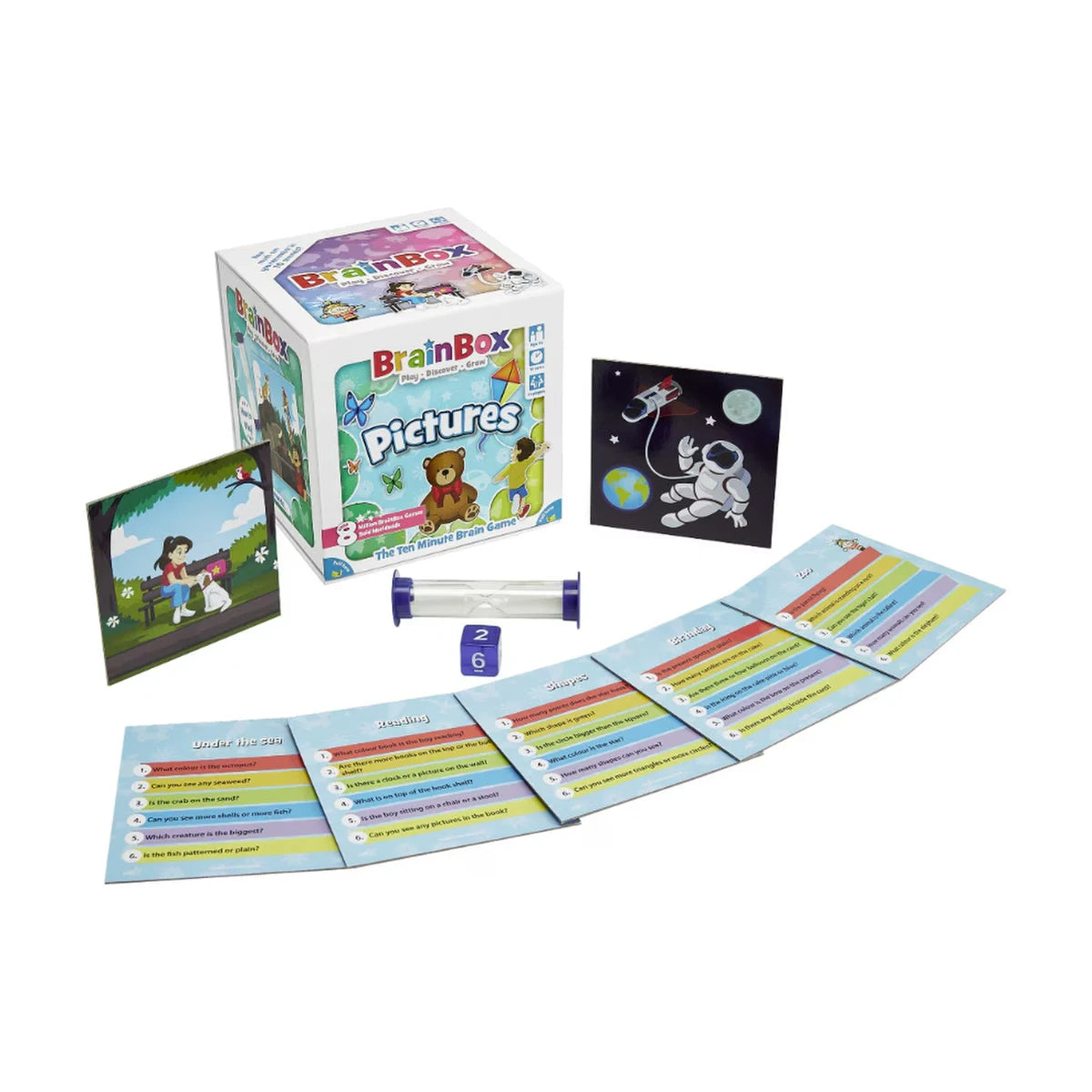 BrainBox Pictures game contents showing picture cards, question cards, timer, die and game box for kids’ memory play