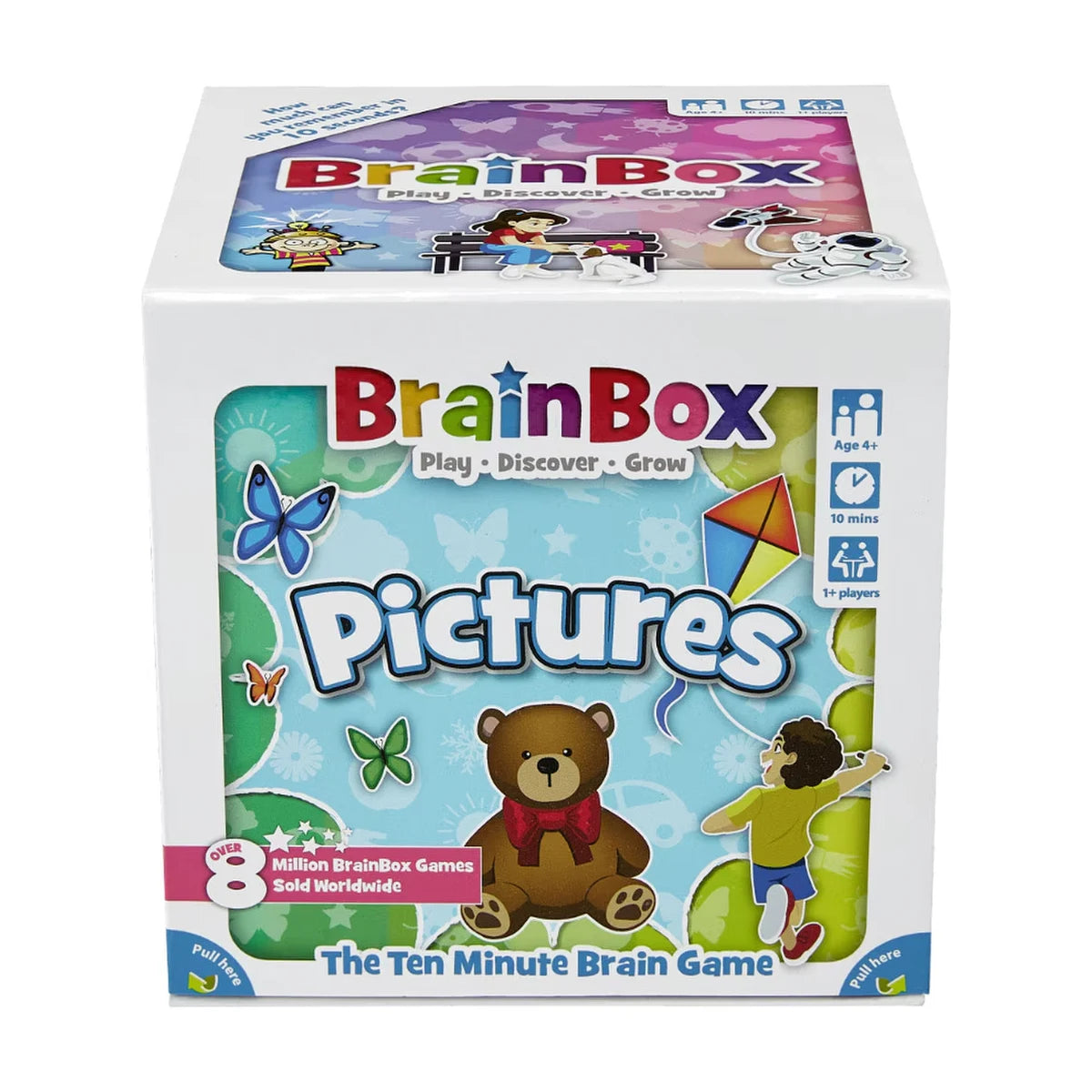 BrainBox Pictures front box for a 10-minute memory and observation card game for children aged 4 plus.
