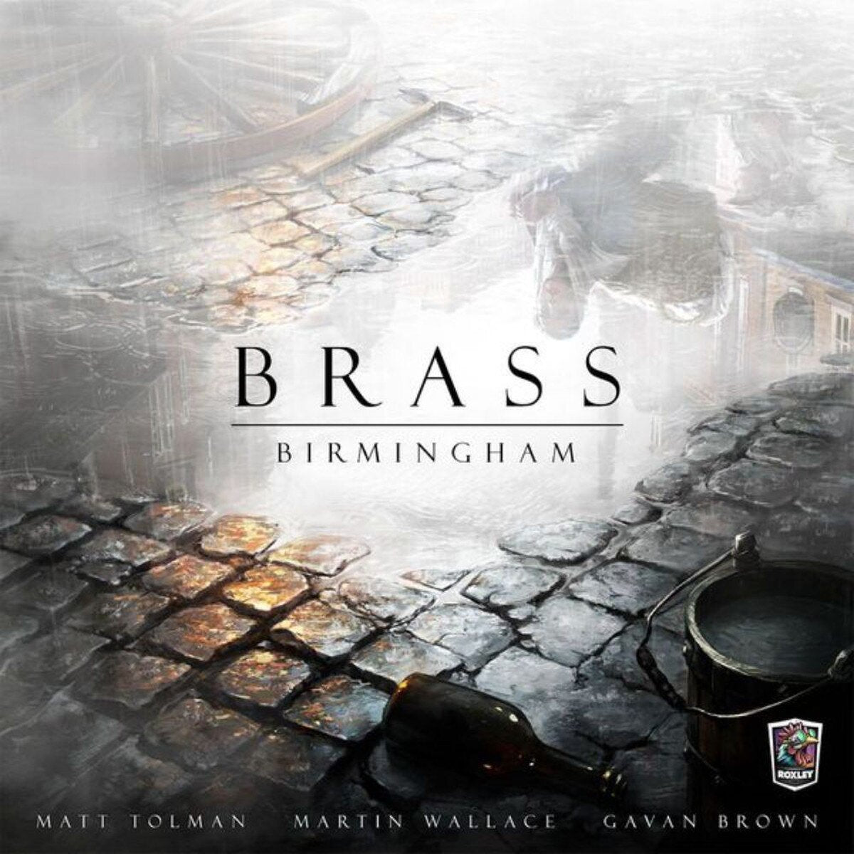 Brass Birmingham board game cover artwork featuring industrial cobblestones and the Roxley Games logo