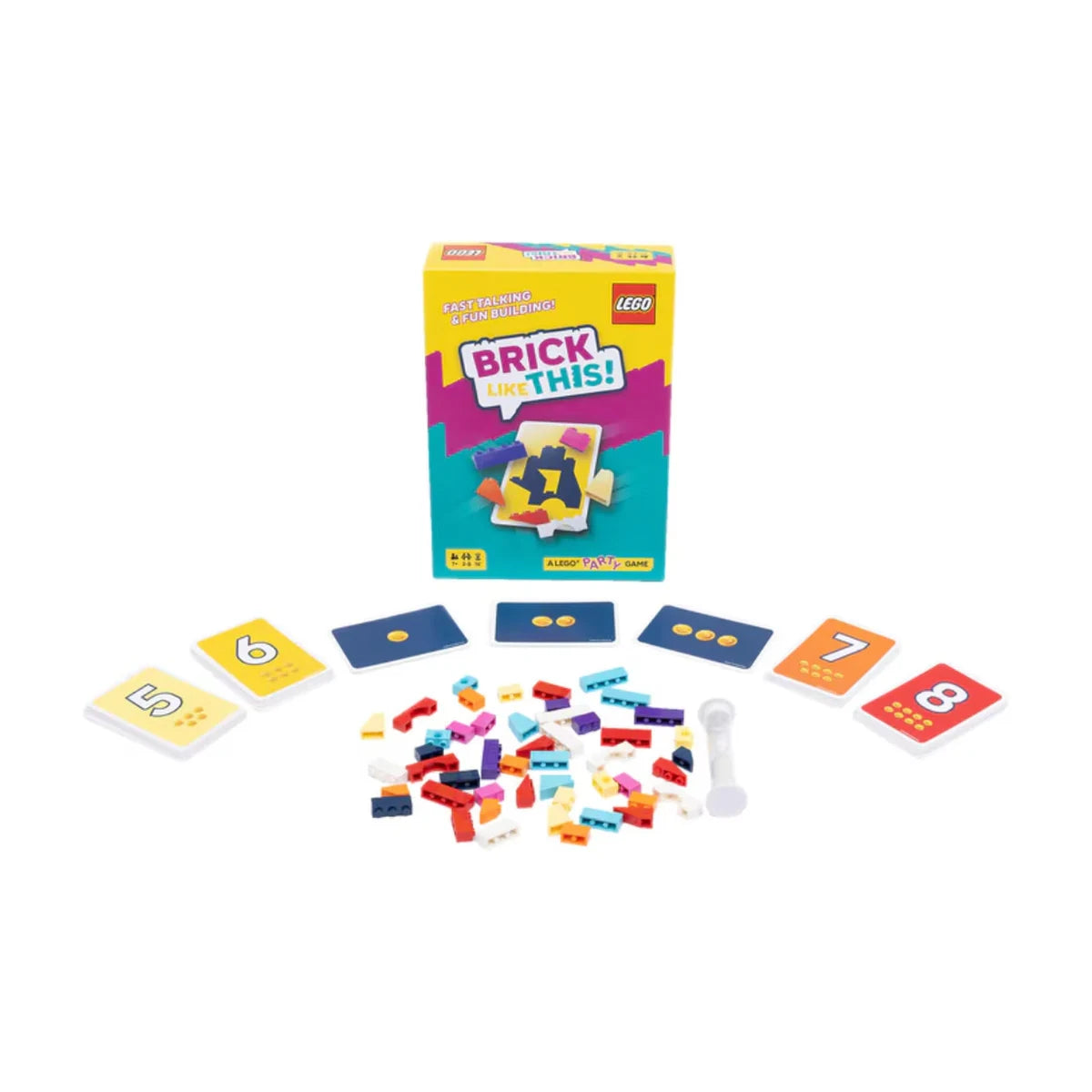 Brick Like This LEGO party game components and cards laid out