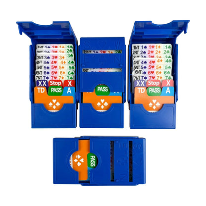 Set of four blue Bridge bidding boxes with bidding cards for classic Bridge game nights and card clubs.