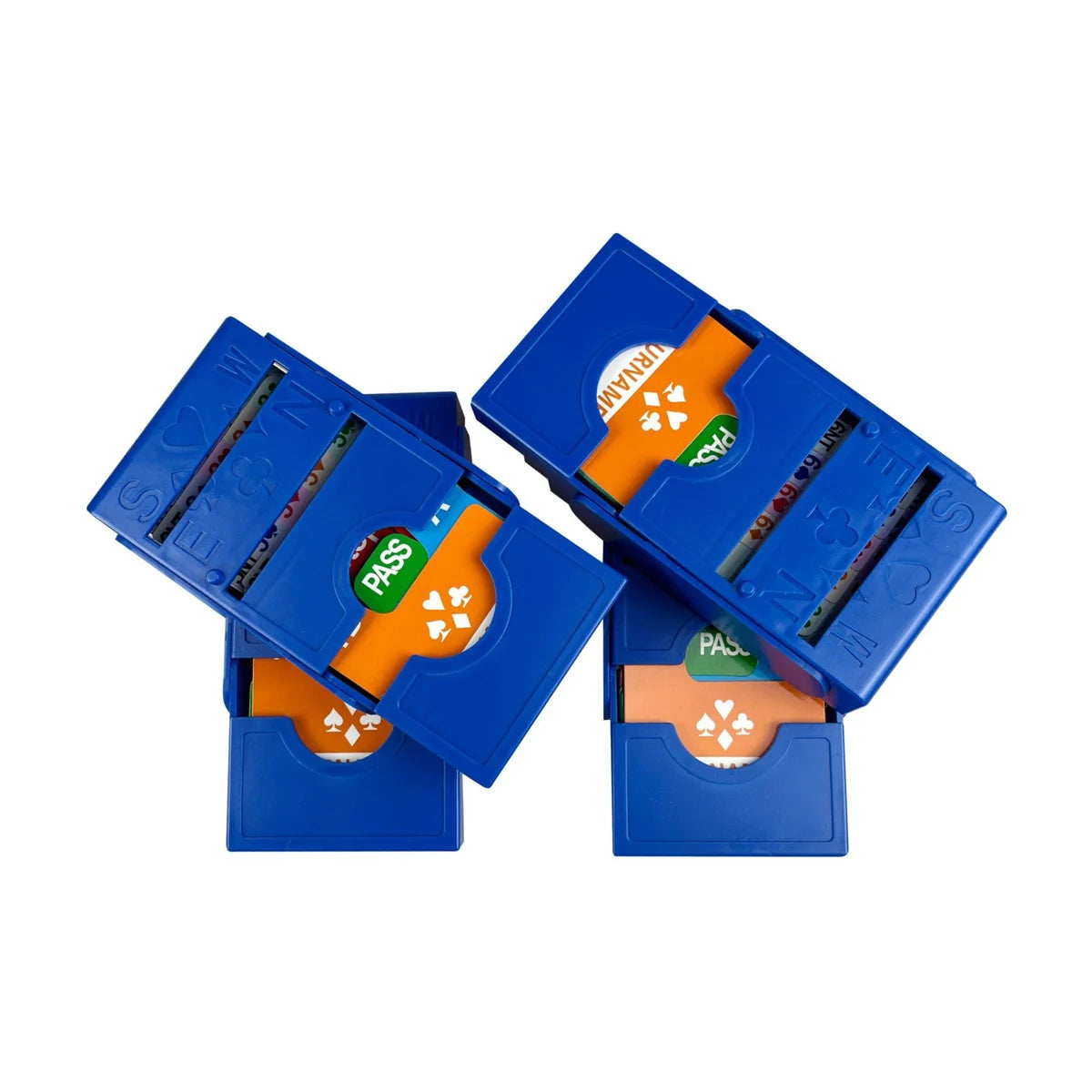 Bridge Bidding Box Set 4pc with open blue bidding boxes and bidding cards for organised Bridge card game play.