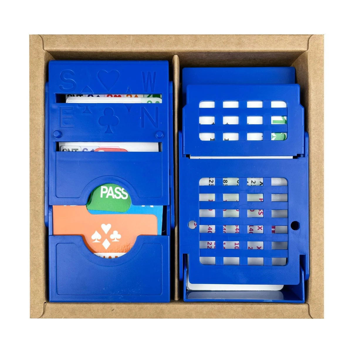 Bridge Bidding Box Set 4pc packed inside storage case with blue bidding boxes and Bridge bidding cards.