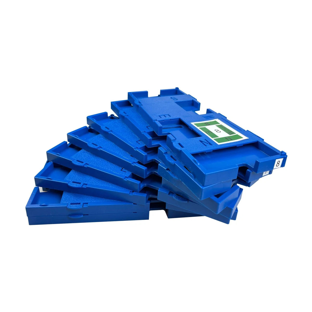 Eight blue Bridge duplicate boards stacked together with numbered board 8 visible
