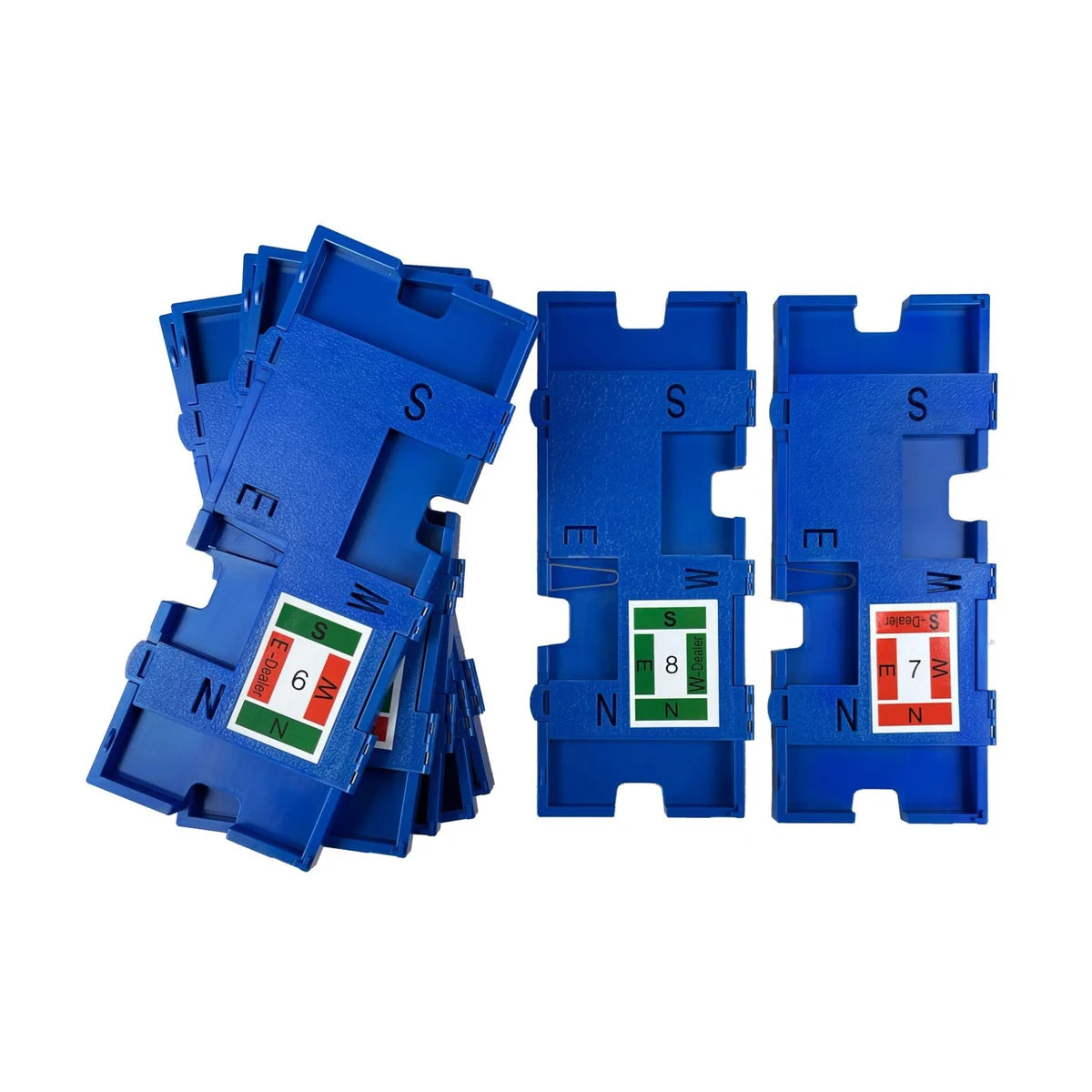 Stacked blue Bridge duplicate boards showing player positions and dealer markings