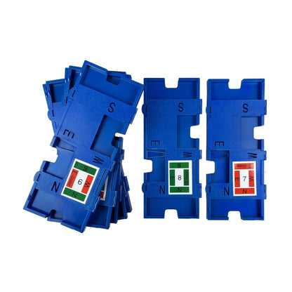 Stacked blue Bridge duplicate boards showing player positions and dealer markings